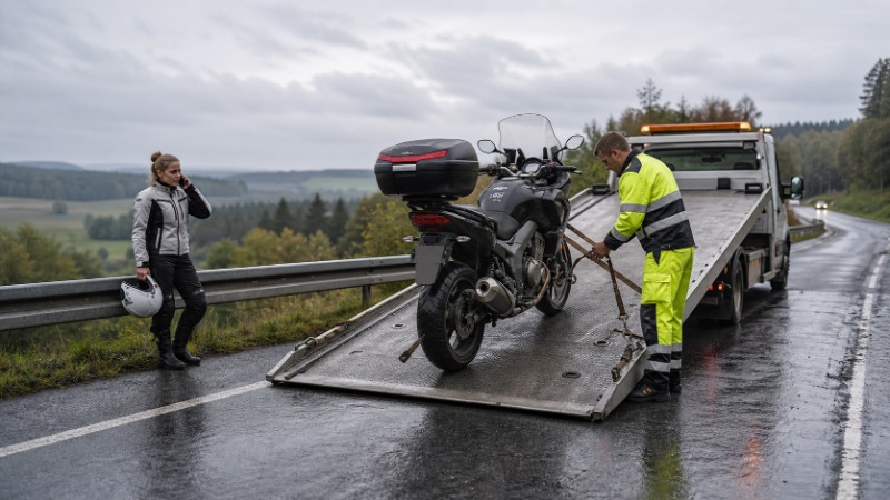 Odtahové vozidlo nakládá pokaženou motorku na krajnici silnice