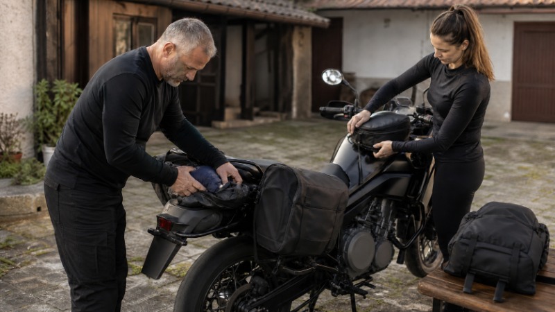 Motorka s tankvakem na nádrži a bočními brašnami připravená na delší cestu