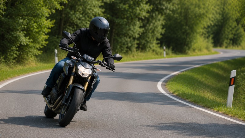 Motorkář v plné výbavě projíždí silnici v mírné zatáčce za dobré viditelnosti