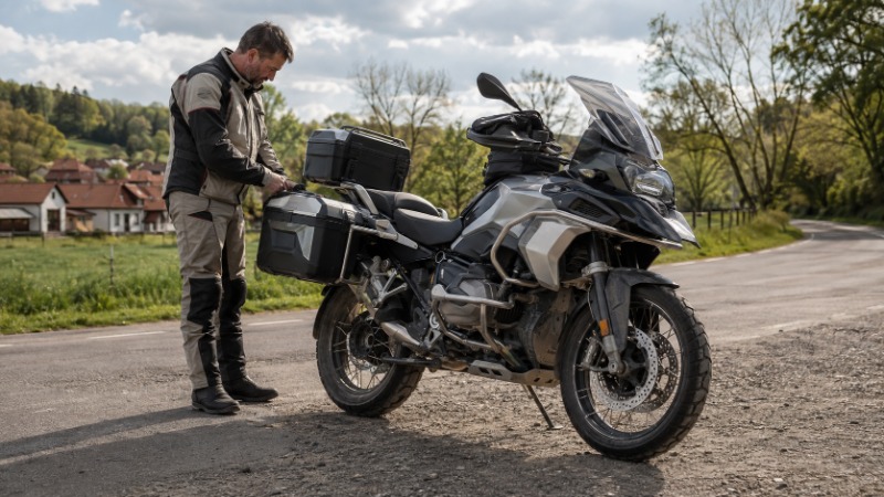 Cestovní enduro BMW s bočními kufry na horské silnici