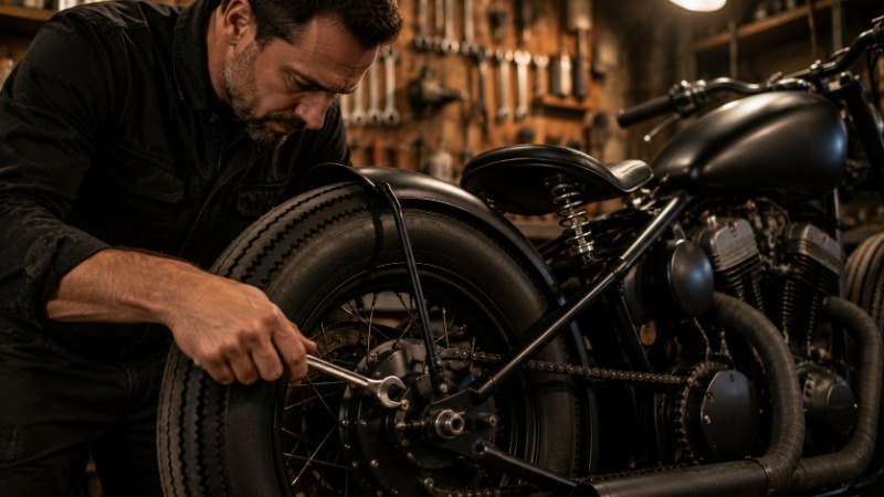 Černý bobber s krátkým zadním blatníkem, jedním sedlem a odhaleným motorem zaparkovaný na ulici