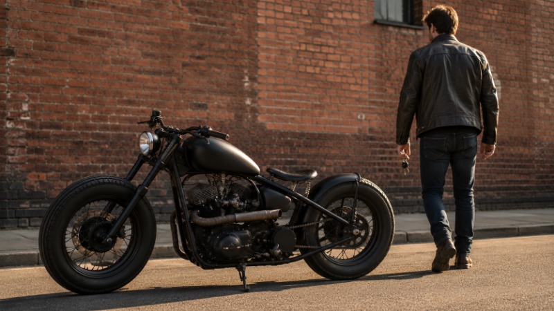 Bobber s krátkým zadním blatníkem vedle scrambleru s terénními pneumatikami a vysoko vedeným výfukem