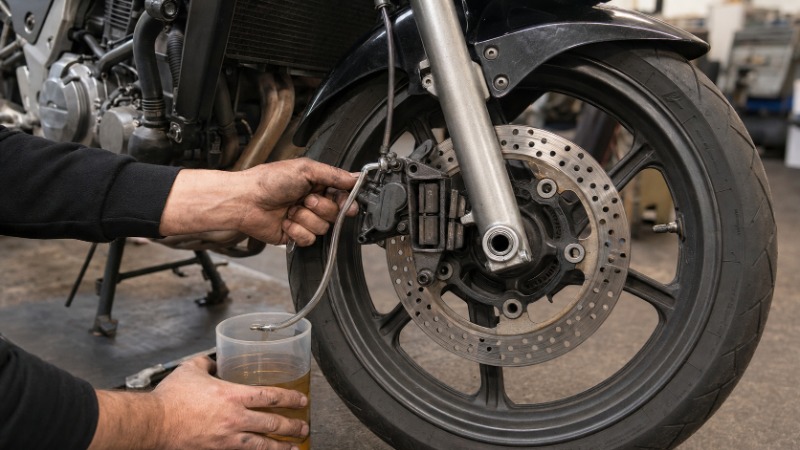 Přední brzda motorky zblízka, brzdový třmen s destičkami a kotouč na kole