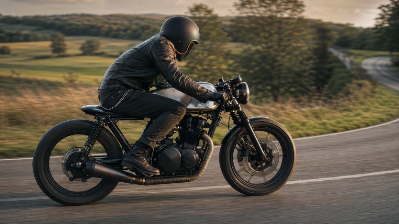 Motorka ve stylu cafe racer s nízkými clip-on řídítky, jednomístným sedlem a bez kapotáže