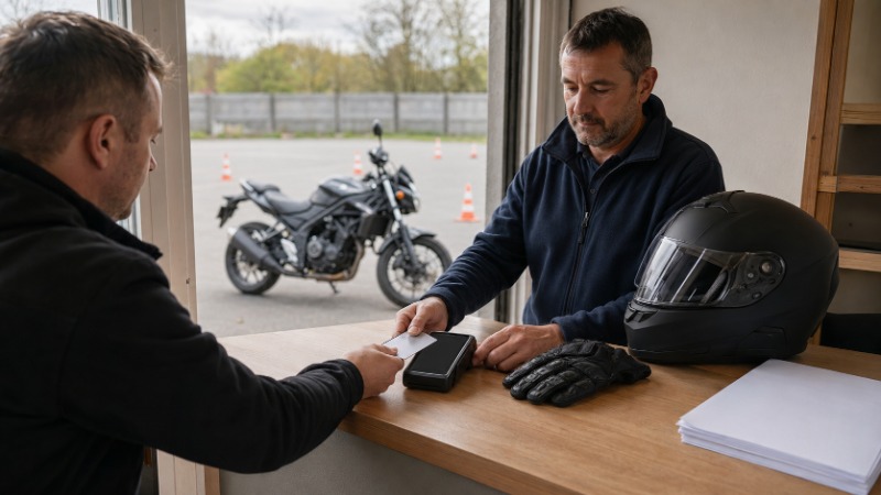 Žák autoškoly na cvičné motorce s instruktorem na výcvikové ploše