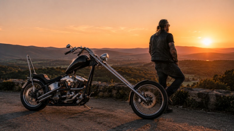 Chopper motocykl s dlouhou přední vidlicí a chromovými detaily zaparkovaný na silnici