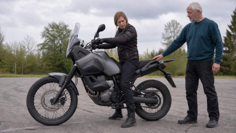 Začínající motorkář si na parkovišti prohlíží ojetou motorku a kontroluje její stav před koupí