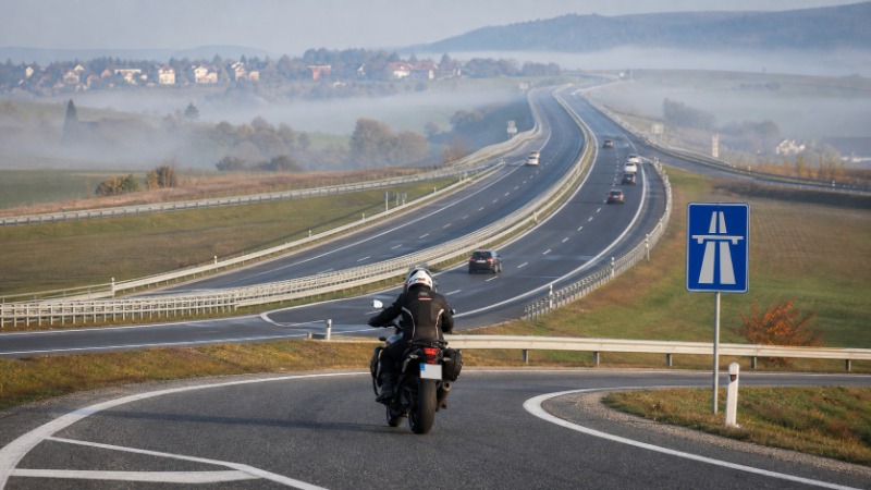 Motorkář projíždí na dálnici kolem portálu s elektronickým mýtným systémem