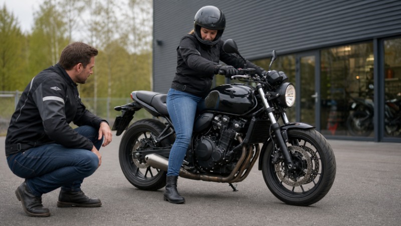 Motorkář v přilbě zastavuje na semaforu a spouští nohu k zemi, aby motorku udržel ve stoji