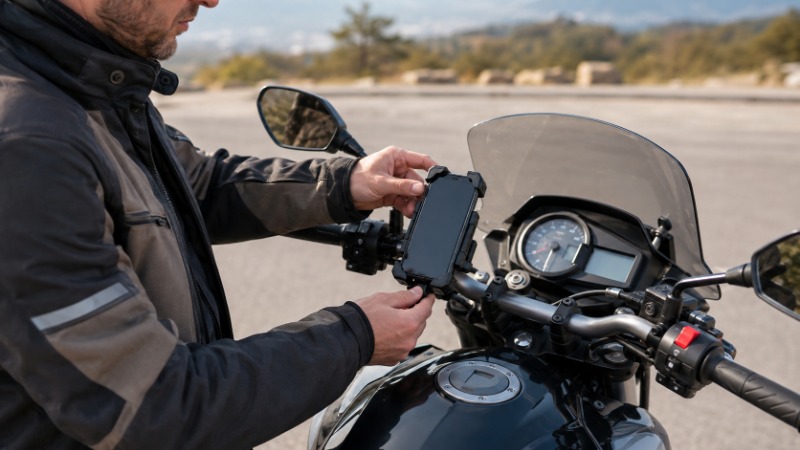 Telefon upevněný v držáku na řídítkách motorky s navigací na displeji