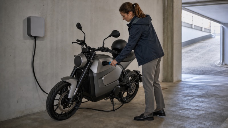 Elektrická motorka zaparkovaná u nabíjecího stojanu s připojeným nabíjecím kabelem