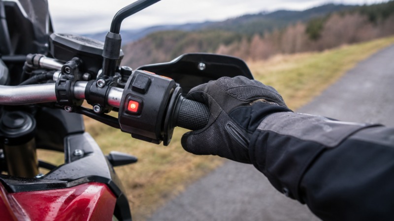 Detail gripu na řídítkách motorky s viditelným vroubkovaným povrchem