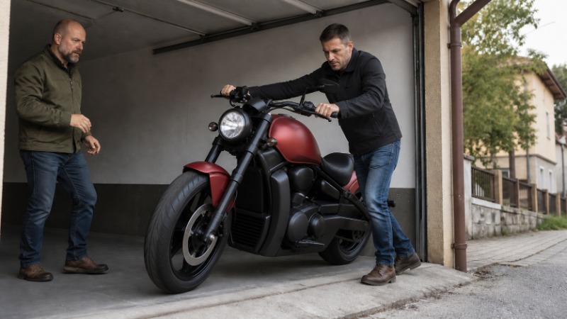 Motorkář v přilbě tlačí těžkou cestovní motorku po parkovišti a vyrovnává její váhu rukama