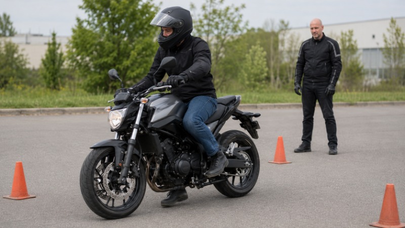 Začátečník ve vzpřímeném posedu na lehké naked motorce při pomalé jízdě na cvičišti.