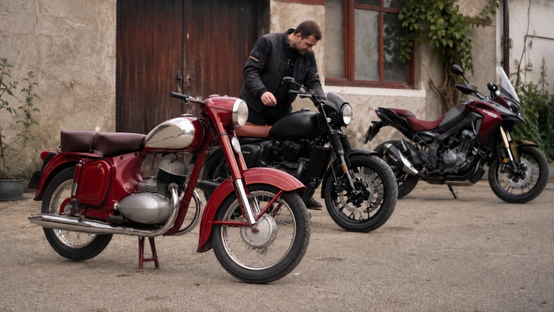 Klasický motocykl Jawa zaparkovaný před dílnou