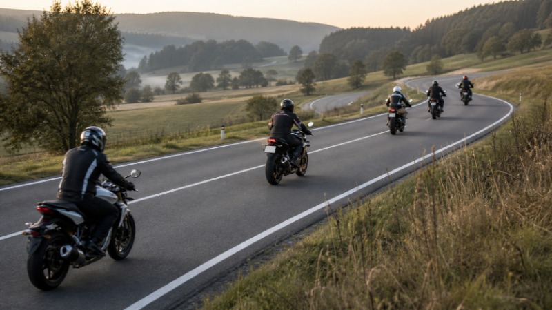 Skupina motorkářů jede v rozestavení cik-cak po klikaté silnici