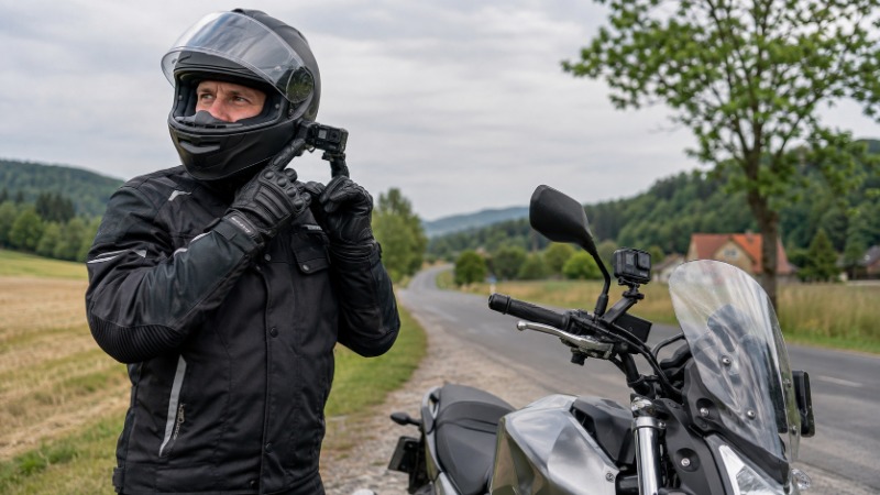 Akční kamera připevněná na helmě motorkáře před jízdou