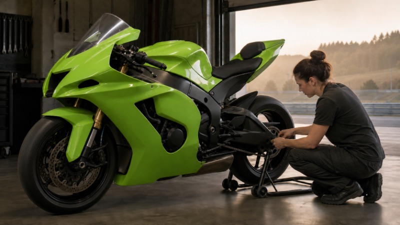 Zelená sportovní motorka Kawasaki Ninja zaparkovaná u kraje silnice