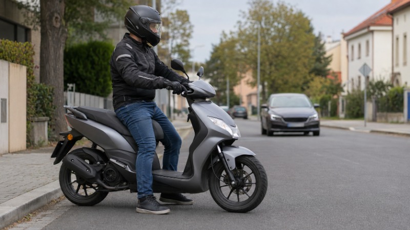 Automatický skútr do 125 ccm zaparkovaný ve městě, jezdec drží helmu