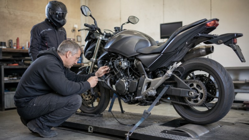 Motorka skupiny A2 zaparkovaná u obrubníku, detail na motor a technický štítek s údajem o výkonu