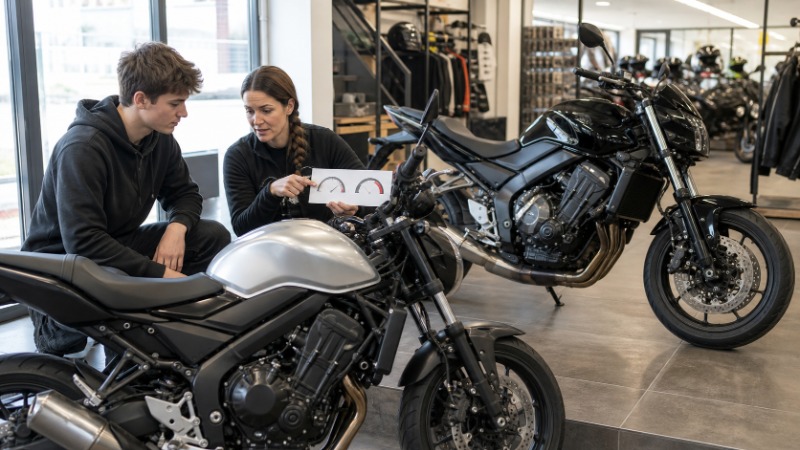 Motorkář sedí na motorce a prohlíží si technický průkaz s údajem o výkonu v kilowattech
