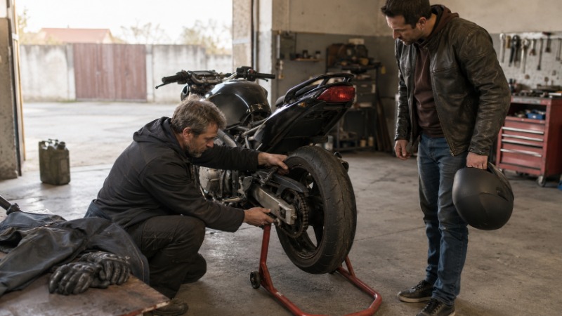 Motorka zaparkovaná u čerpací stanice, symbolika ročních nákladů na provoz