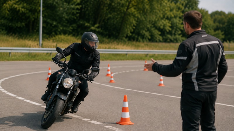 Motorkář trénuje s instruktorem pomalou jízdu a vyhýbací manévr na uzavřeném cvičišti