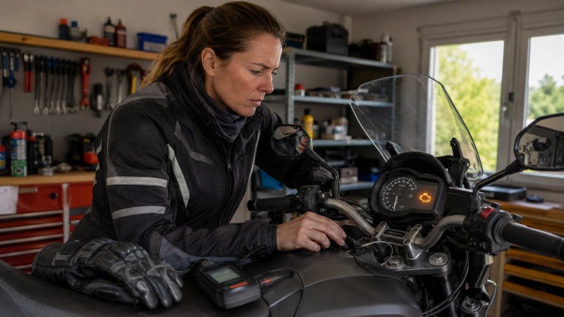 Detail přístrojové desky motorky s rozsvícenou oranžovou kontrolkou motoru