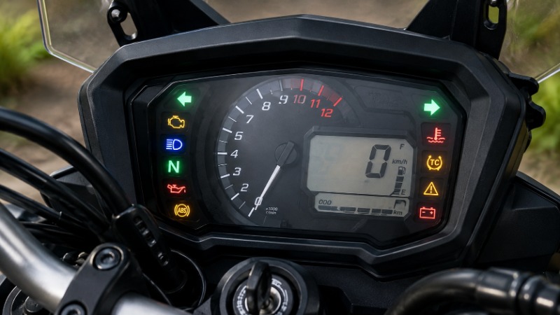 Přístrojová deska motorky s několika rozsvícenými výstražnými kontrolkami