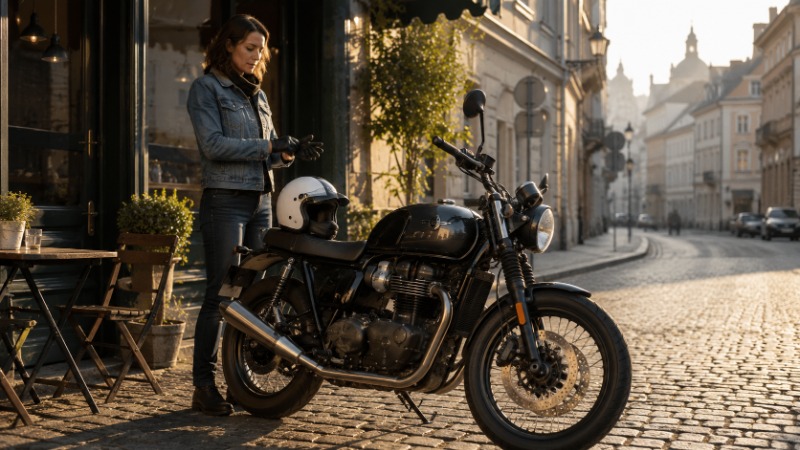 Modern classic motorka s kulatým světlometem a kapkovitou nádrží zaparkovaná na ulici