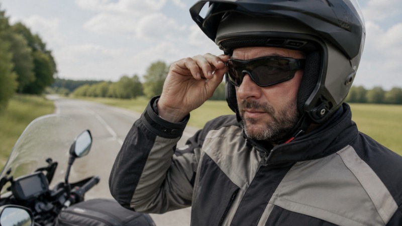 Motorkářské brýle položené na sedle motocyklu vedle otevřené helmy