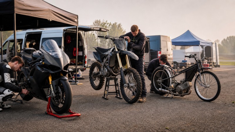 Koláž motoristického sportu: silniční motocykl v náklonu a terénní motorka na trati