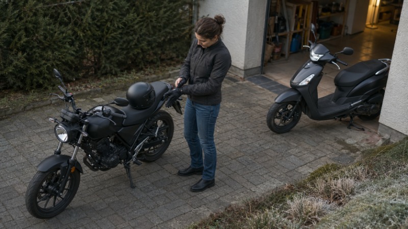 Menší silniční motorka třídy 125 ccm zaparkovaná u kraje silnice