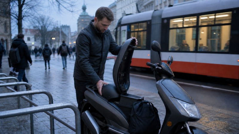 Skútr stojící v městské ulici mezi auty, běžná ranní cesta do práce