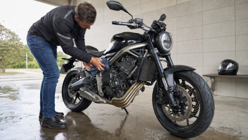 Naked motorka bez kapotáže s odhaleným motorem a širokými řídítky zaparkovaná u silnice