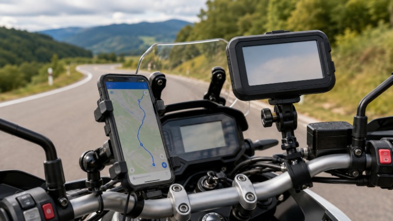 Navigační jednotka na řídítkách motorky zobrazující trasu