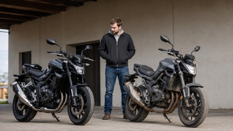 Nová motorka v prodejně vedle starší ojeté motorky na parkovišti