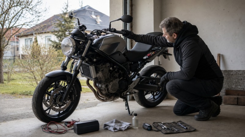 Motorkář kontroluje řetěz a pneumatiku motorky v garáži při odzimování před první jízdou sezóny