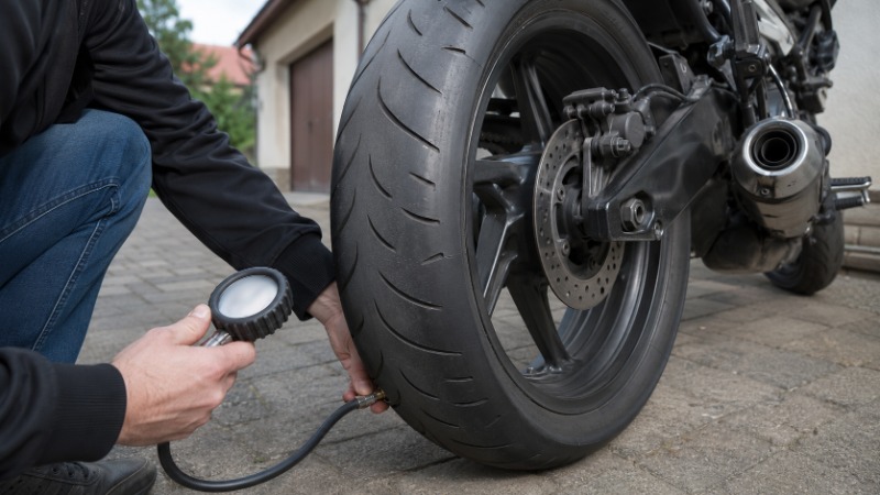 Detail boční stěny motocyklové pneumatiky s vyznačeným rozměrovým kódem a rychlostním indexem