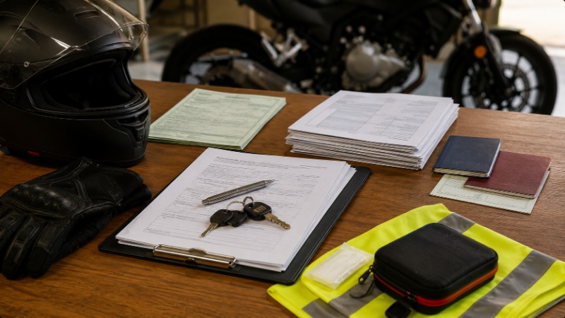 Motorkář podepisuje dokumenty k pojištění a registraci motorky na přepážce