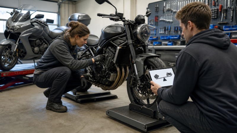 Motorkář sedí na motorce na parkovišti, v popředí technický štítek s údaji o výkonu a hmotnosti