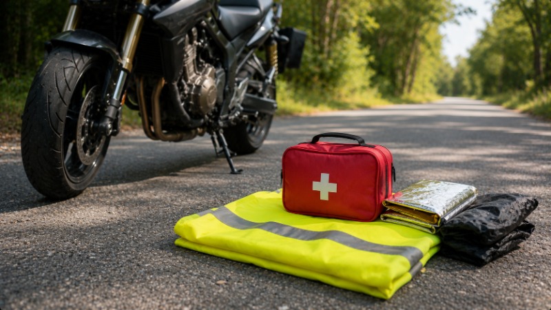 Motorkář kontroluje obsah lékárničky připevněné pod sedlem motorky