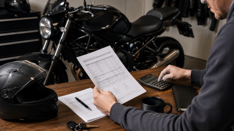 Motorkář se skútrem před pojišťovnou drží v ruce zelenou kartu a doklady