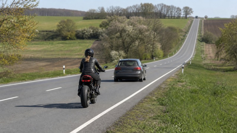 Motorkář předjíždí osobní auto na přehledném úseku silnice