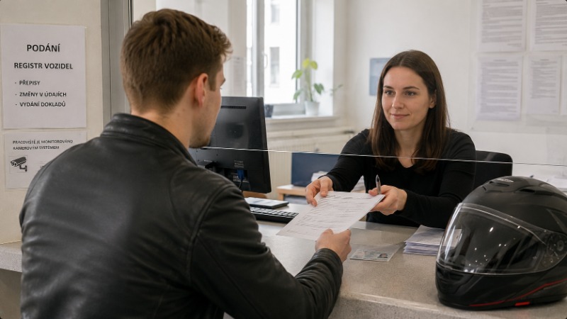 Prodávající a kupující si na úřadě předávají technický průkaz od motorky