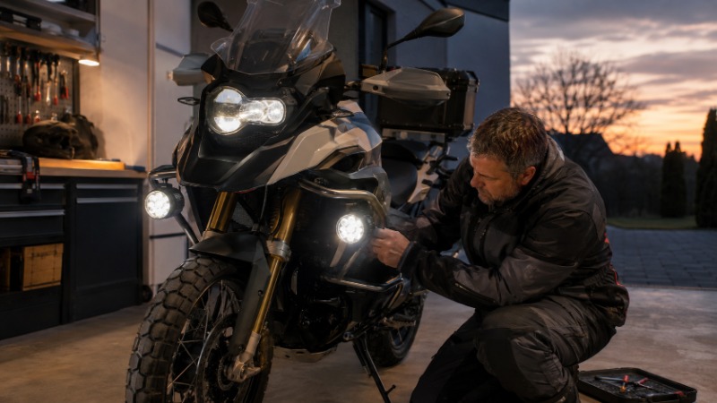 Motorka s přídavnými LED světlomety namontovanými symetricky pod hlavním světlometem