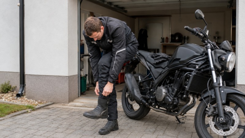 Základní set moto oblečení pro začátečníka: textilní bunda, rukavice, kotníkové boty a kalhoty s chrániči