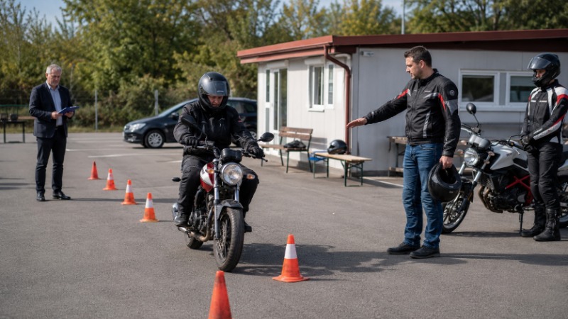 Žák autoškoly nacvičuje slalom mezi kužely na motorce na uzavřeném cvičišti