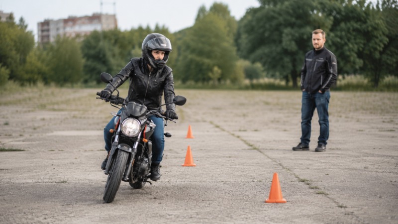 Začínající motorkářka nacvičuje pomalou jízdu a slalom na prázdném parkovišti