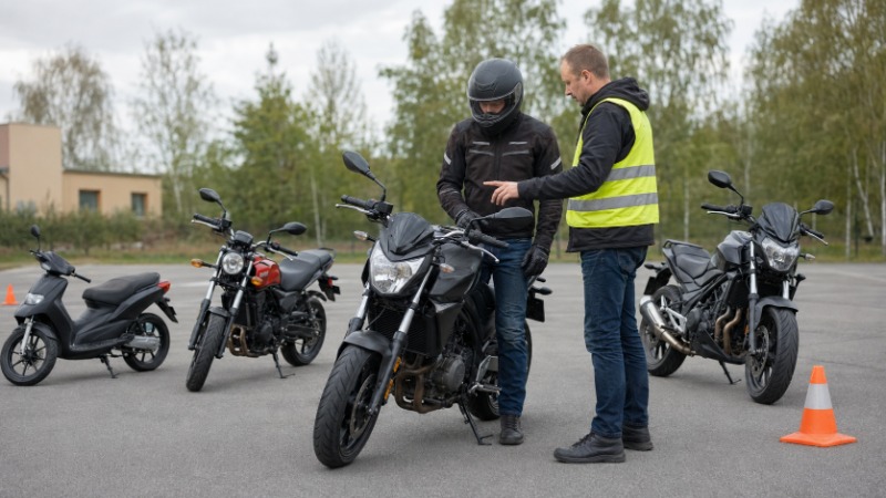 Žák autoškoly na motorce s instruktorem na cvičišti během výcviku